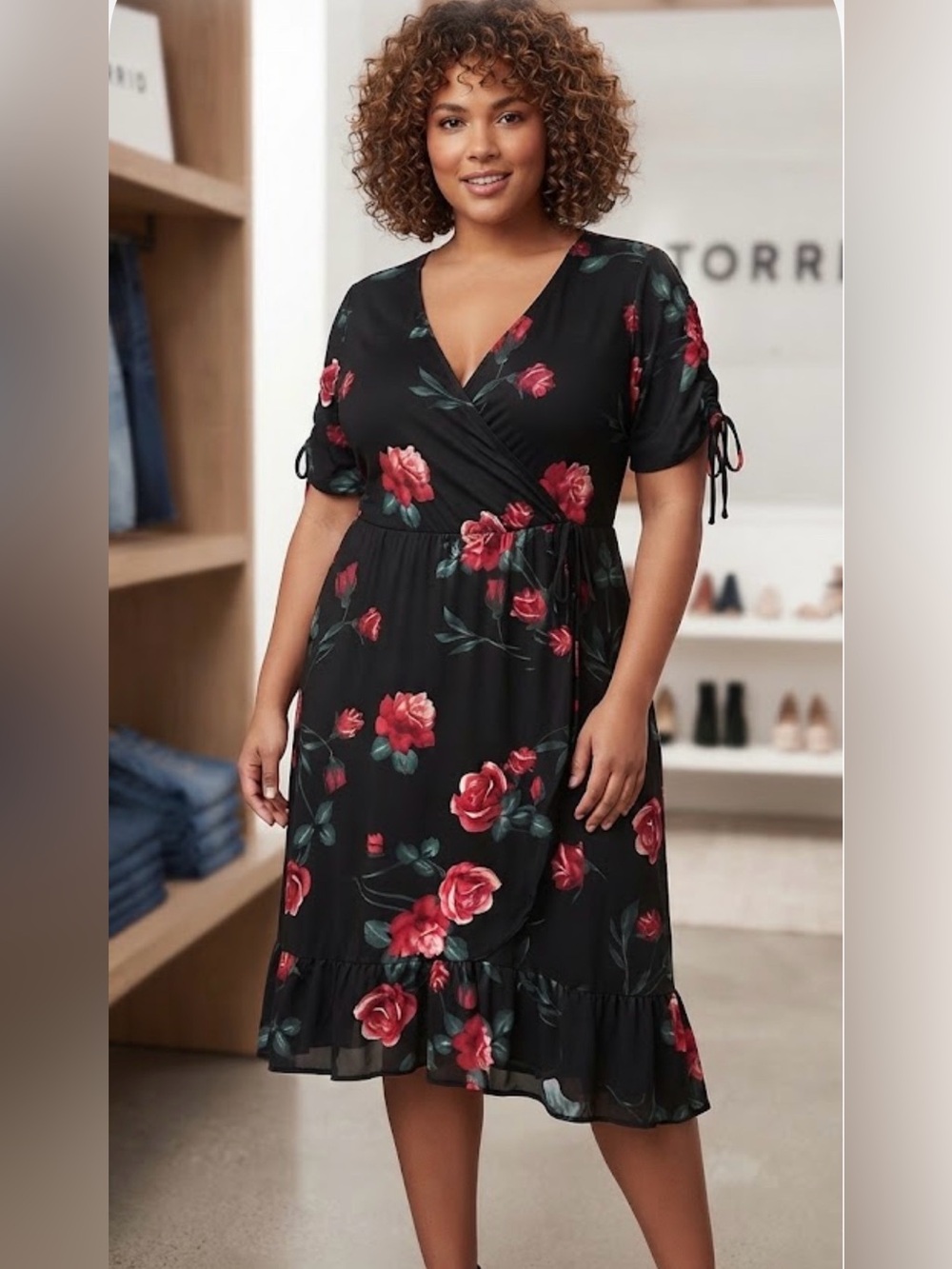 torrid NWT Black Wrap Midi Dress with Red Rose Print